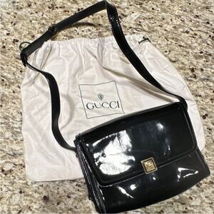 Vintage Gucci Black Patent Leather Shoulder Bag with Dust Bag